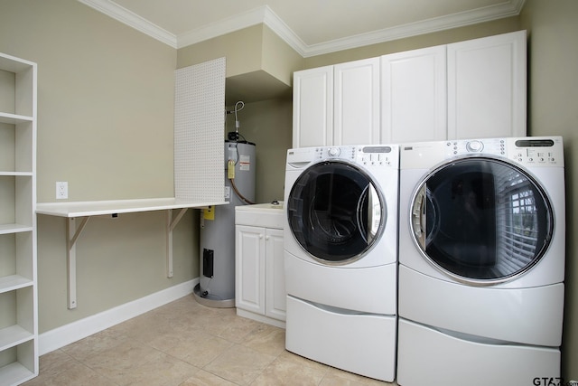 18722 Ridgeline Rd, Tyler, TX 75703 - laundry area with washer and clothes dryer, water heater, cabinet space, baseboards, and crown molding