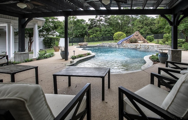 18722 Ridgeline Rd, Tyler, TX 75703 - view of pool with a pergola, a water slide, a fenced backyard, and a patio area