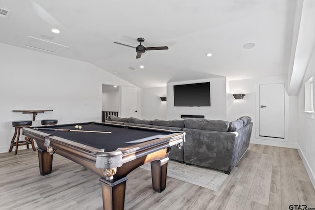 331 W Eagle Pt, Mount Vernon, TX 75457 - recreation room with attic access, vaulted ceiling, light wood-style floors, visible vents, and ceiling fan