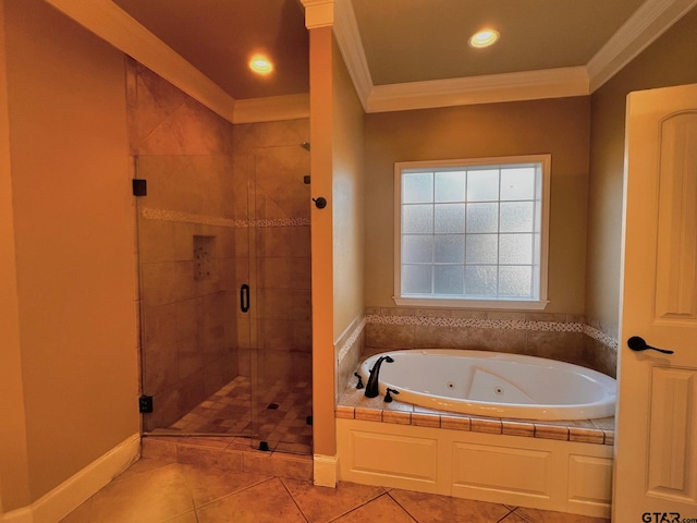 bathroom featuring tile patterned floors, separate shower and tub, and crown molding