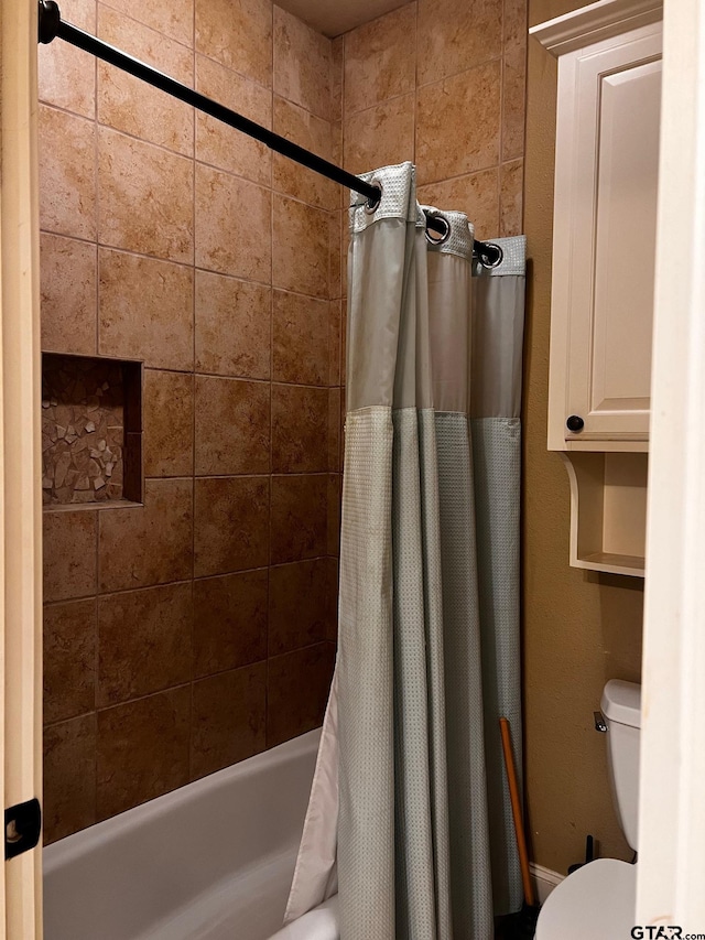 bathroom with toilet and shower / bathtub combination with curtain