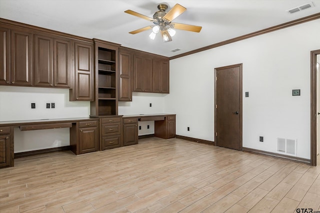 4601 Dickens, Athens, TX 75751 - kitchen with open shelves, ceiling fan, ornamental molding, light wood-type flooring, and baseboards