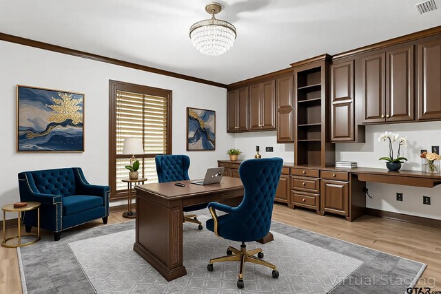 4601 Dickens, Athens, TX 75751 - office area with light wood-type flooring, a chandelier, baseboards, and crown molding