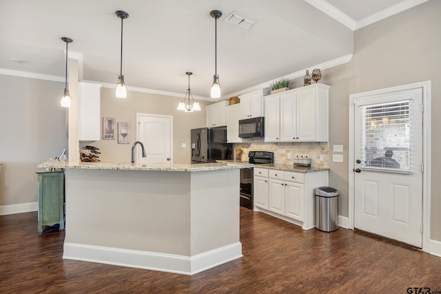 kitchen with visible vents, dark wood-type flooring, black appliances, white cabinetry, and light stone countertops