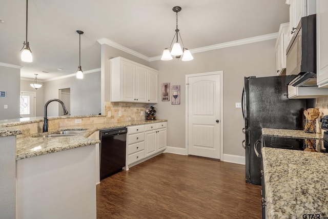 kitchen with dark wood-style floors, a sink, black appliances, white cabinetry, and tasteful backsplash