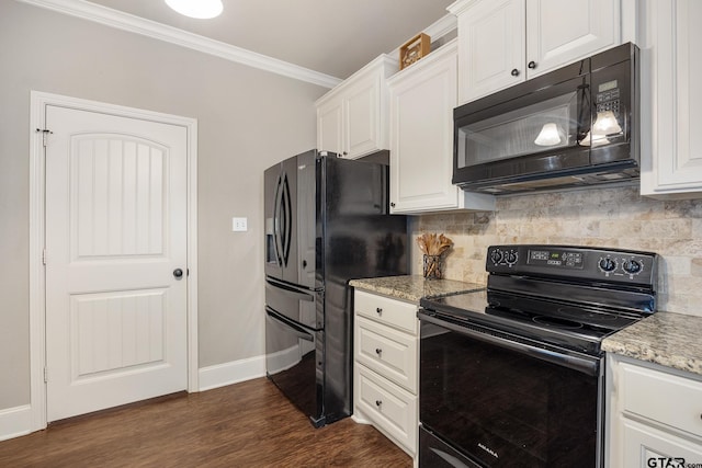 kitchen featuring black appliances, ornamental molding, backsplash, dark wood-style floors, and white cabinetry