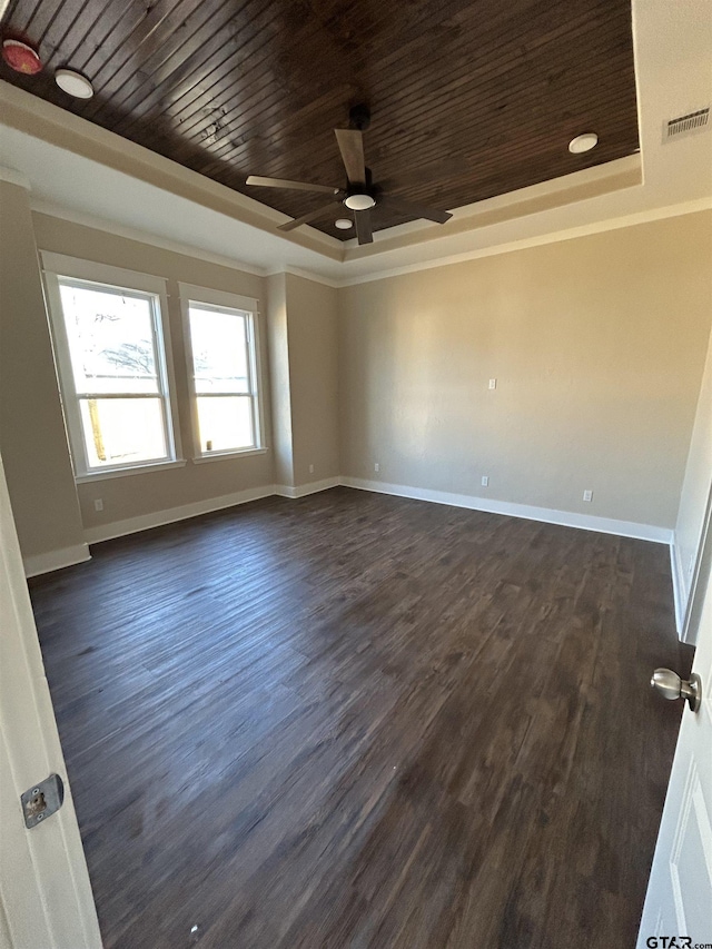 unfurnished room with dark hardwood / wood-style floors, ceiling fan, wooden ceiling, and a tray ceiling