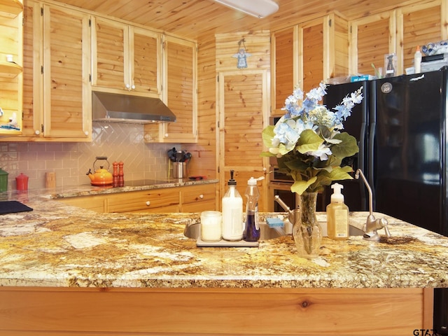 kitchen featuring black appliances, under cabinet range hood, tasteful backsplash, wooden ceiling, and light stone countertops