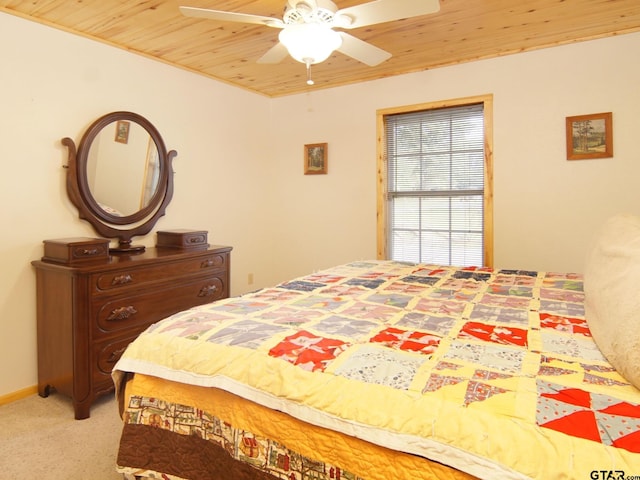 bedroom with baseboards, light colored carpet, wood ceiling, and ceiling fan