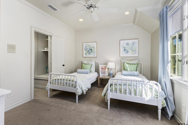 bedroom featuring multiple windows, crown molding, carpet, and ceiling fan