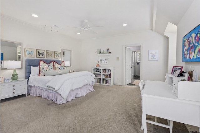 bedroom with light colored carpet and ceiling fan