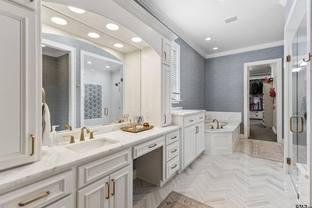 bathroom with crown molding, parquet flooring, vanity, and separate shower and tub