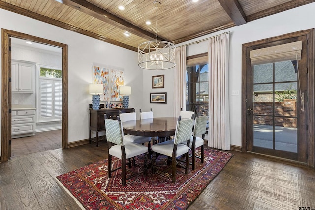 dining area with beamed ceiling, dark hardwood / wood-style flooring, plenty of natural light, and wood ceiling