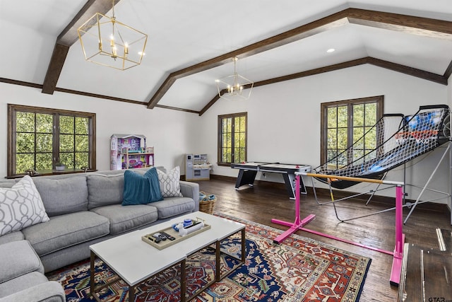 living room with wood-type flooring, lofted ceiling with beams, and a notable chandelier