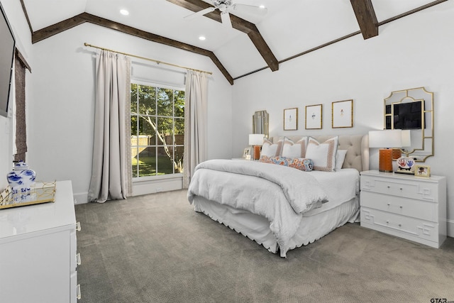 carpeted bedroom with ceiling fan and vaulted ceiling with beams