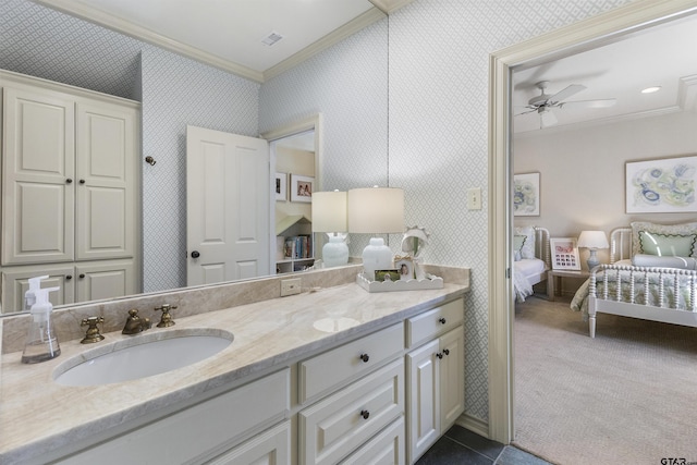 bathroom featuring crown molding, tile patterned floors, vanity, and ceiling fan