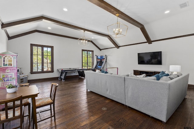 living room with vaulted ceiling with beams and dark hardwood / wood-style floors