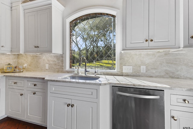 kitchen with tasteful backsplash, dishwasher, sink, and white cabinets