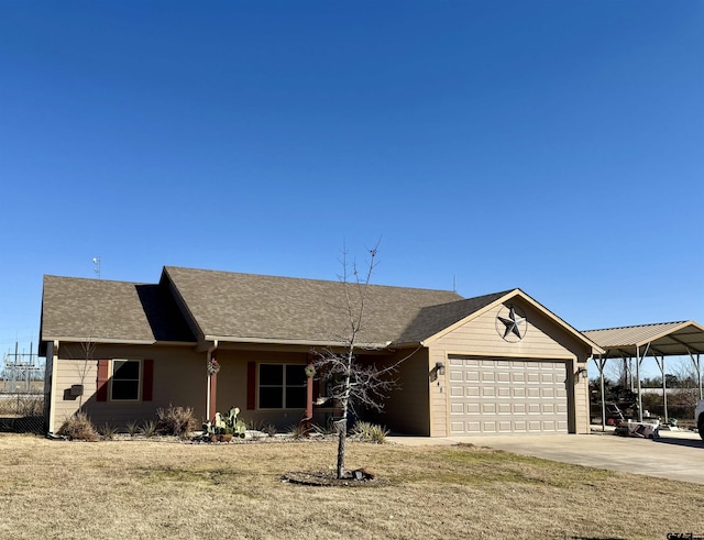 ranch-style house featuring a garage, a carport, and a front lawn