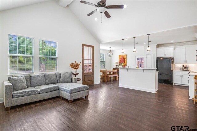 509 Zimmerman Dr, Jacksonville, TX 75766 - living room featuring recessed lighting, a ceiling fan, dark wood finished floors, and high vaulted ceiling