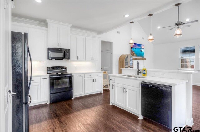 509 Zimmerman Dr, Jacksonville, TX 75766 - kitchen featuring a sink, ceiling fan, black appliances, and dark wood-style floors