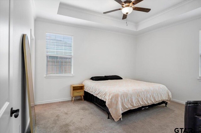 509 Zimmerman Dr, Jacksonville, TX 75766 - carpeted bedroom featuring baseboards, ornamental molding, and a tray ceiling