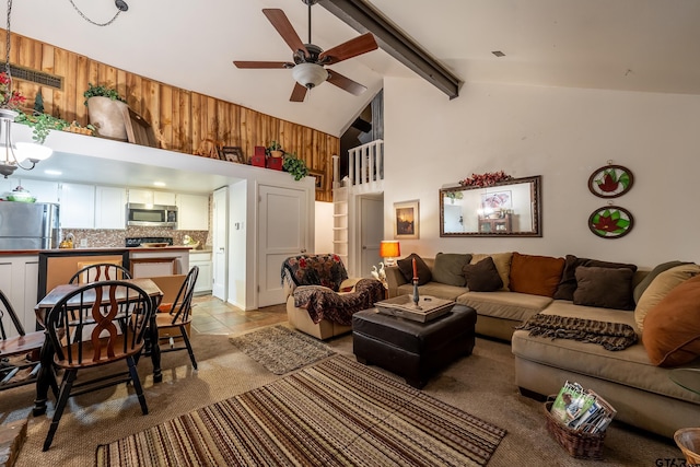 living room with lofted ceiling with beams and ceiling fan