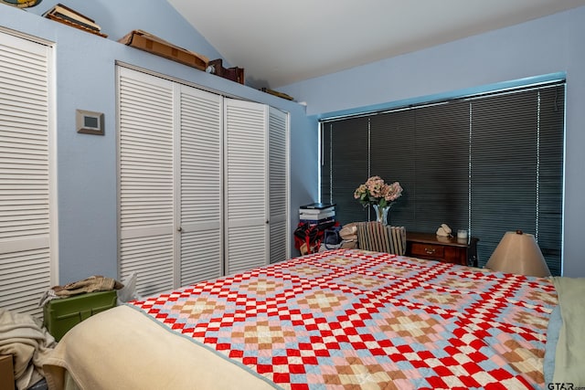 bedroom with lofted ceiling and a closet