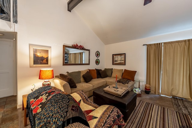 living room featuring lofted ceiling with beams