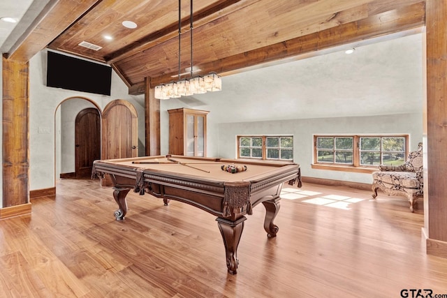 recreation room with light hardwood / wood-style floors, billiards, wood ceiling, and vaulted ceiling with beams