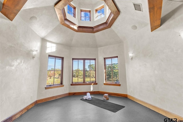 exercise room with a high ceiling