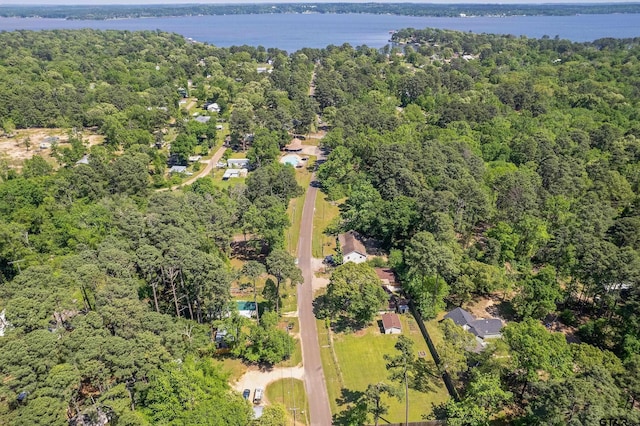 drone / aerial view featuring a forest view and a water view