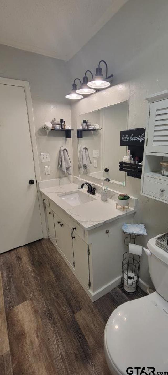 half bath with toilet, vanity, and wood finished floors