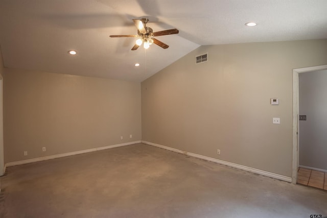 21298 Dogwood Dr, Flint, TX 75762 - empty room featuring a ceiling fan, recessed lighting, lofted ceiling, and baseboards