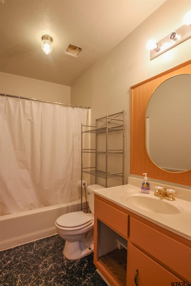 21298 Dogwood Dr, Flint, TX 75762 - bathroom with toilet, shower / tub combo with curtain, vanity, and a textured ceiling