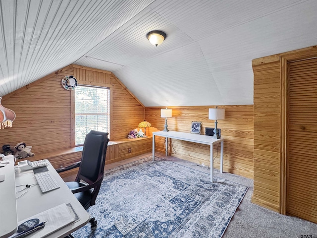 15250 Fm 858, Athens, TX 75752 - home office featuring wooden walls, lofted ceiling, and carpet flooring