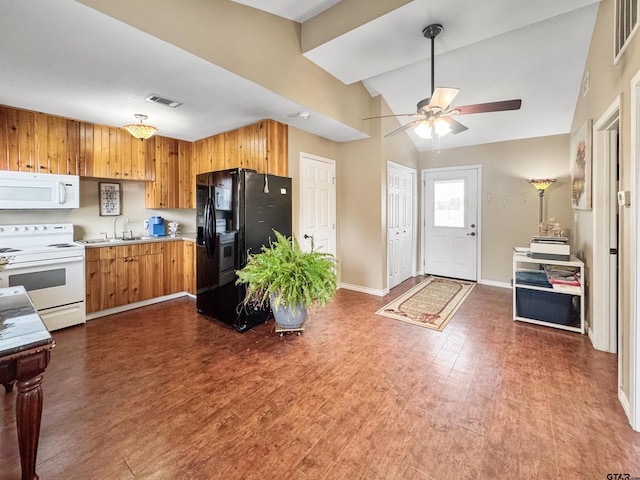 15250 Fm 858, Athens, TX 75752 - kitchen featuring white appliances, ceiling fan, light countertops, dark wood-style flooring, and lofted ceiling