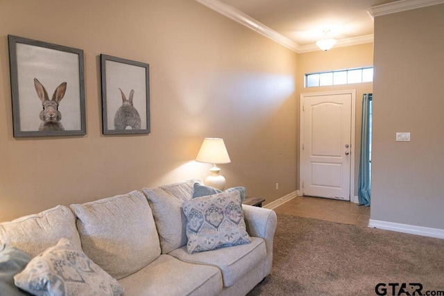 carpeted living room with baseboards and crown molding