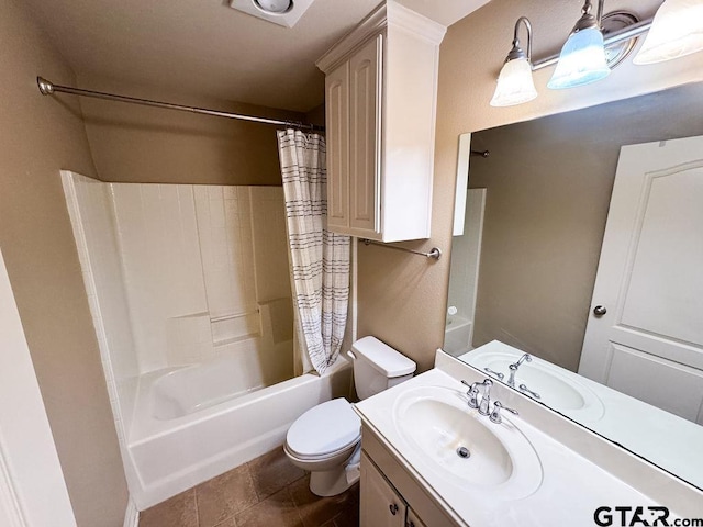 bathroom featuring shower / bath combination with curtain, vanity, and toilet