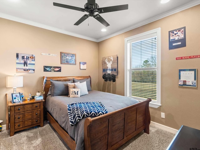 11087 Wolverine Rd, Pittsburg, TX 75686 - carpeted bedroom featuring baseboards, ornamental molding, recessed lighting, and ceiling fan