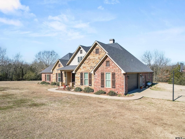 11087 Wolverine Rd, Pittsburg, TX 75686 - craftsman house featuring brick siding, a shingled roof, a front lawn, concrete driveway, and a chimney