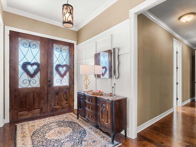 11087 Wolverine Rd, Pittsburg, TX 75686 - foyer entrance featuring dark wood-style floors, ornamental molding, baseboards, and french doors