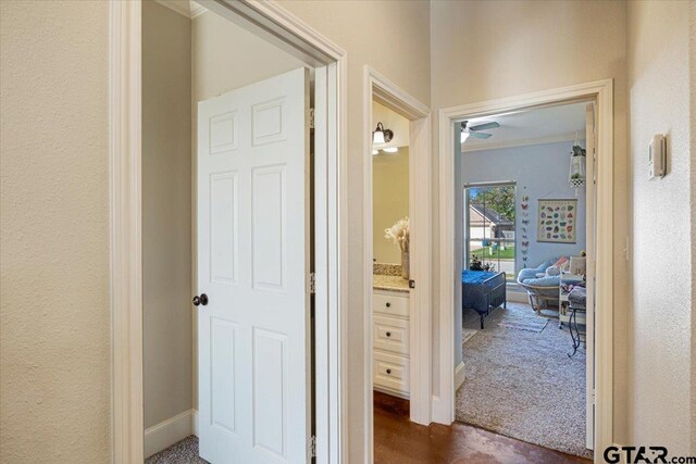 1009 Stagecoach Bnd, Bullard, TX 75757 - hallway featuring dark carpet and crown molding
