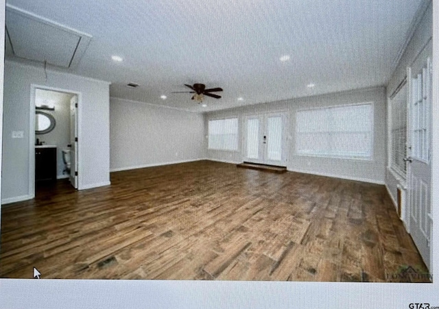 3729 Linda Kaye Dr, Longview, TX 75604 - unfurnished living room with attic access, recessed lighting, dark wood-type flooring, and a ceiling fan