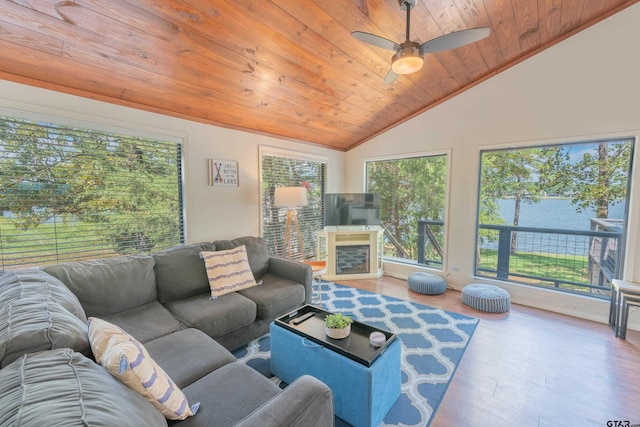 living room with lofted ceiling, hardwood / wood-style flooring, wooden ceiling, ceiling fan, and a fireplace