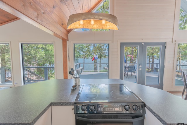 kitchen with a wealth of natural light, black range with electric cooktop, and white cabinetry