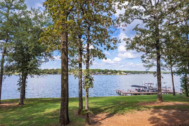 view of water feature with a dock