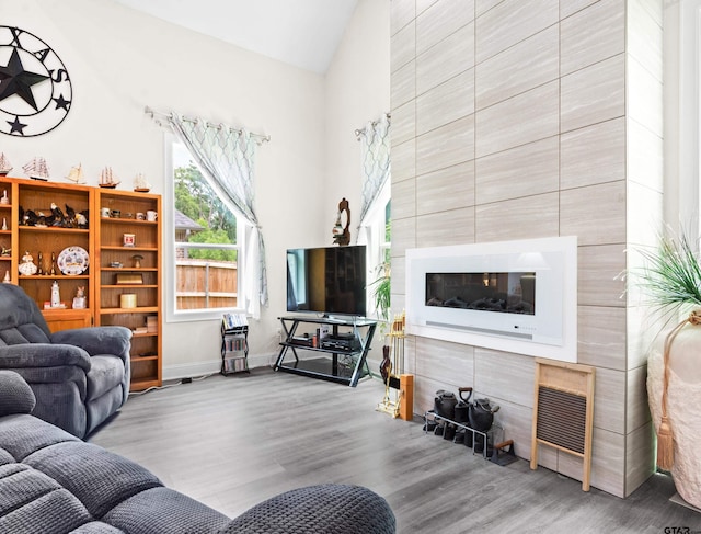 9109 Long Br, Tyler, TX 75703 - living area with wood finished floors, vaulted ceiling, and a glass covered fireplace