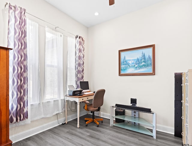 9109 Long Br, Tyler, TX 75703 - home office with wood finished floors, a ceiling fan, and recessed lighting