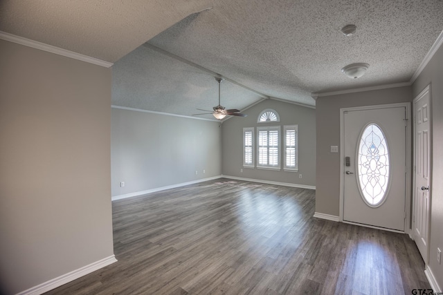 foyer featuring dark wood-style floors, baseboards, ceiling fan, a textured ceiling, and crown molding